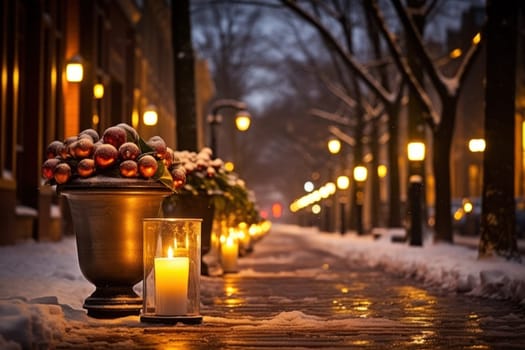 A captivating portrayal of the winter charm, focusing on the creation of cozy and welcoming visuals using the soft glow of candles or lanterns against the snowy backdrop.