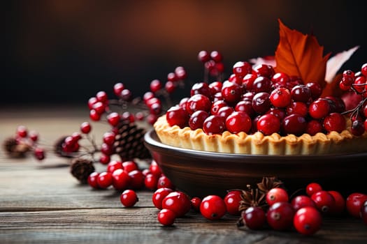 Thanksgiving pumpkin pie with berries background. Ai generative art