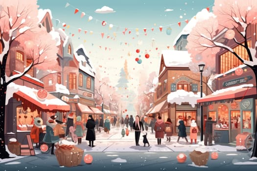 A vibrant depiction of the holiday spirit, capturing the lively ambiance of bustling markets and fairs adorned with festive decorations.