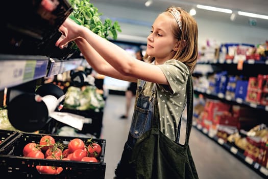 Pretty girl child buying tomatoes in supermarket. Beautiful female preteen kid choosing vegetables in grocery store