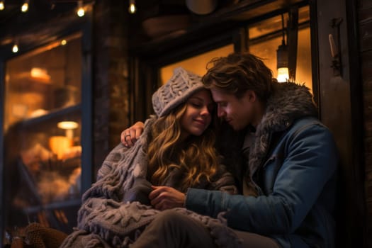 A heartwarming depiction of the winter season's charm, with individuals captured indoors, basking by a crackling fire, indulging in hot cocoa, or cocooned in soft blankets.