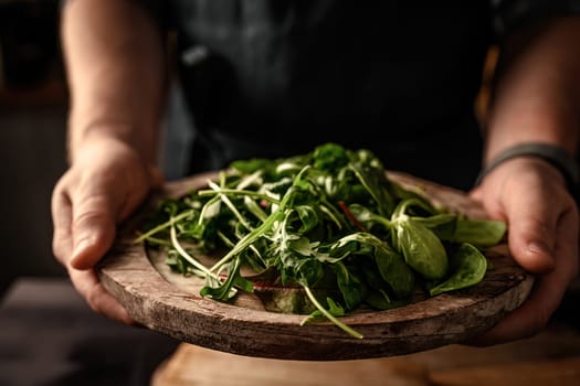 Chief hands serve fresh green salad leaves with arugula, lettuce, spinach and beets mix on wooden rustic plate. Vegetarian organic plant food