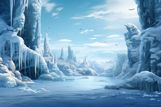 A mesmerizing display of the winter landscape, focusing on the distinctive and captivating frozen waterfalls found in chilly regions.