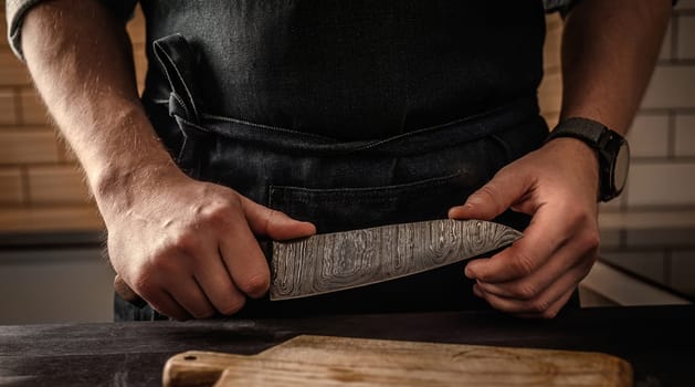 Chief with a big knife and cutting board in the kitchen