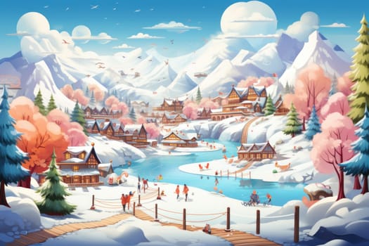 A dynamic portrayal of the winter wonderland at ski resorts, capturing the exhilaration and scenic beauty.