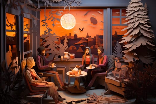 A heartwarming depiction of the winter season's charm, with individuals captured indoors, basking by a crackling fire, indulging in hot cocoa, or cocooned in soft blankets.
