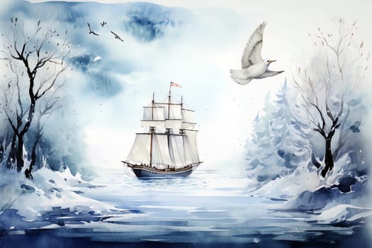 Winter picturesque watercolor landscape. Ai generative art
