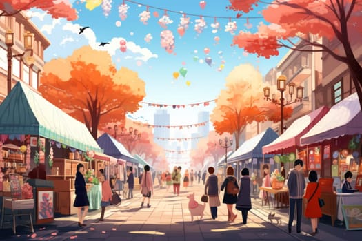 A vibrant depiction of the holiday spirit, capturing the lively ambiance of bustling markets and fairs adorned with festive decorations.