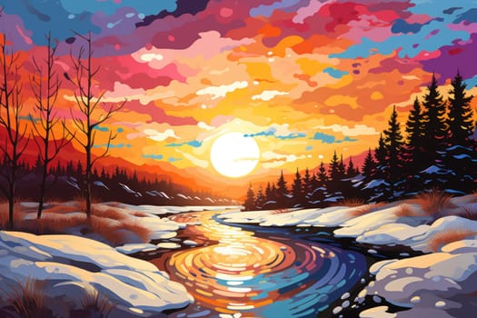 An exquisite visual representation of the winter skies, highlighting the unique color schemes and breathtaking beauty brought by the low-angled sun during winter sunrises and sunsets.