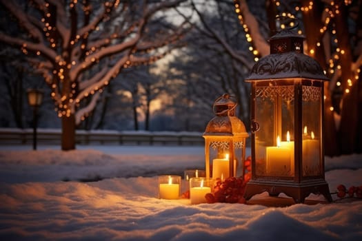 A captivating portrayal of the winter charm, focusing on the creation of cozy and welcoming visuals using the soft glow of candles or lanterns against the snowy backdrop.