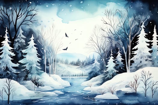Winter picturesque watercolor landscape. Ai generative art