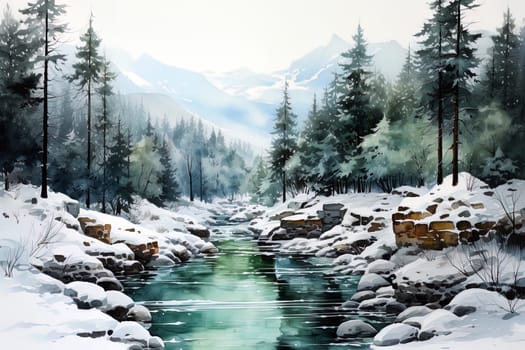 Winter picturesque watercolor landscape. Ai generative art