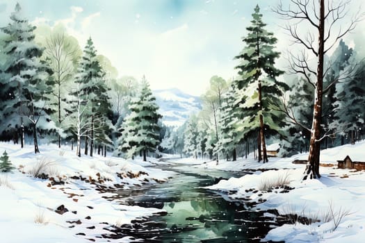 Winter picturesque watercolor landscape. Ai generative art