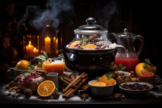 A mouthwatering portrayal of winter's culinary delights, showcasing the artful photography of winter-inspired dishes and beverages like hot soup, roasted chestnuts, and mulled wine.