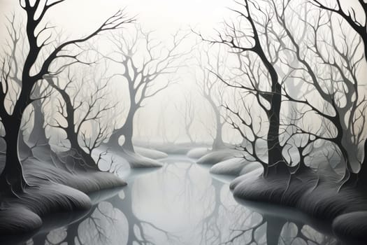 A captivating visual representation of the winter ambiance, focusing on the enigmatic allure of fog and mist enveloping the landscape, especially near bodies of water.