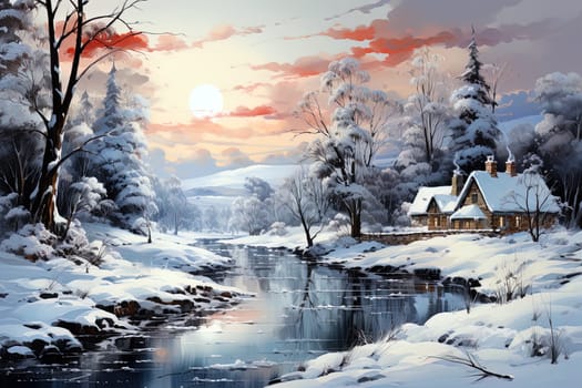 Winter picturesque watercolor landscape. Ai generative art