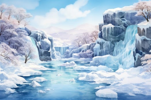 A mesmerizing display of the winter landscape, focusing on the distinctive and captivating frozen waterfalls found in chilly regions.