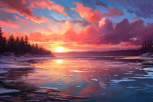 An exquisite visual representation of the winter skies, highlighting the unique color schemes and breathtaking beauty brought by the low-angled sun during winter sunrises and sunsets.