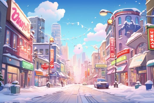An evocative representation of urban life during winter, focusing on the enchanting vistas of city streets, buildings blanketed in snow, and the warm radiance of streetlights.