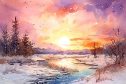 An exquisite visual representation of the winter skies, highlighting the unique color schemes and breathtaking beauty brought by the low-angled sun during winter sunrises and sunsets.