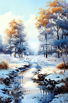 Winter picturesque watercolor landscape. Ai generative art