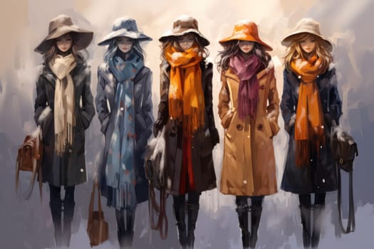 A chic portrayal of the winter season's fashion, highlighting stylish winter attire, including scarves, hats, and coats. This composition captures the elegance and coziness of winter wardrobe.
