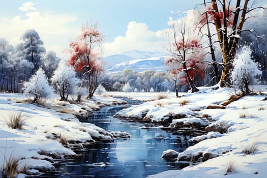 Winter picturesque watercolor landscape. Ai generative art