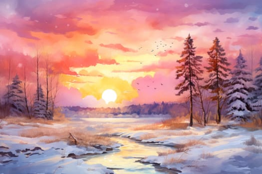 An exquisite visual representation of the winter skies, highlighting the unique color schemes and breathtaking beauty brought by the low-angled sun during winter sunrises and sunsets.