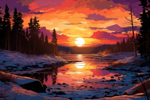 An exquisite visual representation of the winter skies, highlighting the unique color schemes and breathtaking beauty brought by the low-angled sun during winter sunrises and sunsets.