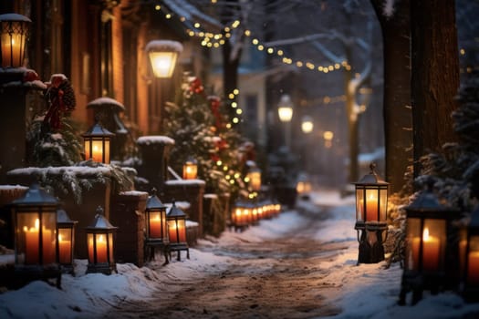 A captivating portrayal of the winter charm, focusing on the creation of cozy and welcoming visuals using the soft glow of candles or lanterns against the snowy backdrop.
