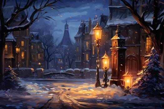 A captivating portrayal of the winter charm, focusing on the creation of cozy and welcoming visuals using the soft glow of candles or lanterns against the snowy backdrop.