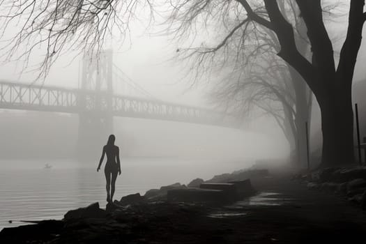 A captivating visual representation of the winter ambiance, focusing on the enigmatic allure of fog and mist enveloping the landscape, especially near bodies of water.