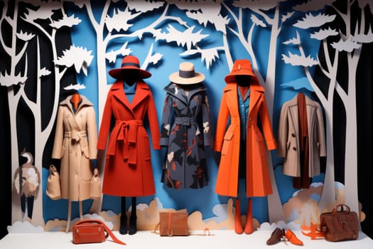 A chic portrayal of the winter season's fashion, highlighting stylish winter attire, including scarves, hats, and coats. This composition captures the elegance and coziness of winter wardrobe.