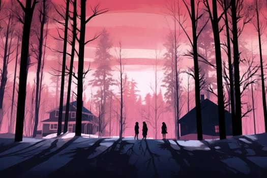 A striking visual display of the winter season, utilizing the extended shadows and sharp differences in lighting to craft captivating silhouettes against the snowy backdrop.