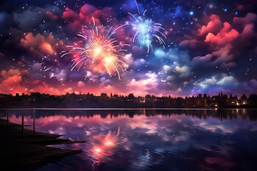 An electrifying display of winter's nocturnal splendor, featuring the dazzling spectacle of New Year's Eve fireworks and other seasonal celebrations.