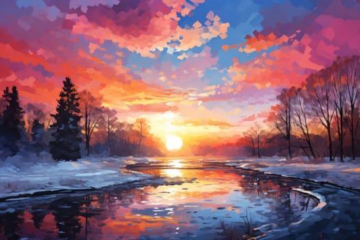 An exquisite visual representation of the winter skies, highlighting the unique color schemes and breathtaking beauty brought by the low-angled sun during winter sunrises and sunsets.