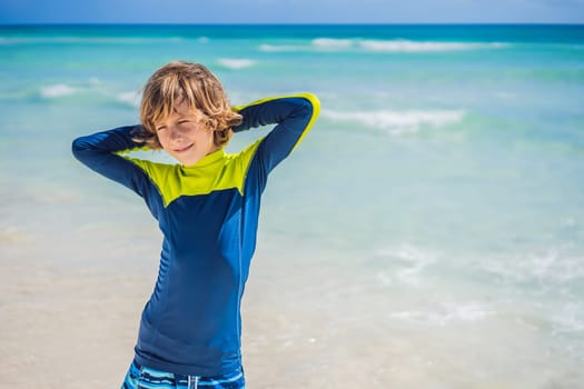 A carefree boy explores the wonders of the beach, with the sun-kissed shoreline as his playground, embodying the spirit of childhood adventure.