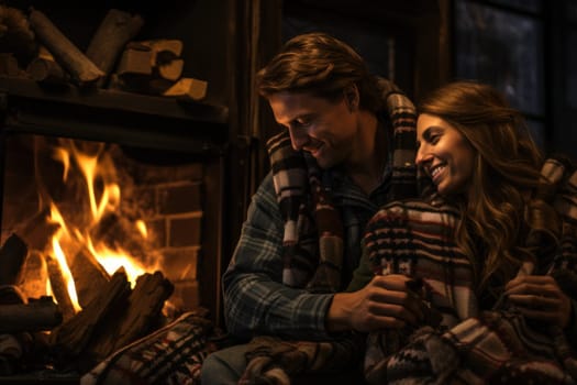A heartwarming depiction of the winter season's charm, with individuals captured indoors, basking by a crackling fire, indulging in hot cocoa, or cocooned in soft blankets.