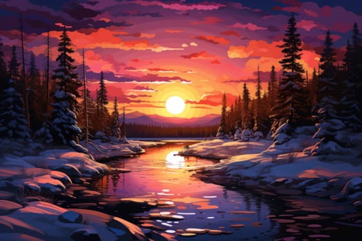 An exquisite visual representation of the winter skies, highlighting the unique color schemes and breathtaking beauty brought by the low-angled sun during winter sunrises and sunsets.