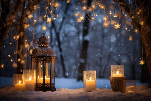 A captivating portrayal of the winter charm, focusing on the creation of cozy and welcoming visuals using the soft glow of candles or lanterns against the snowy backdrop.