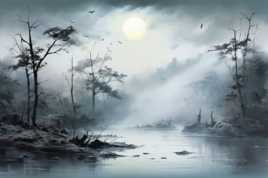 A captivating visual representation of the winter ambiance, focusing on the enigmatic allure of fog and mist enveloping the landscape, especially near bodies of water.