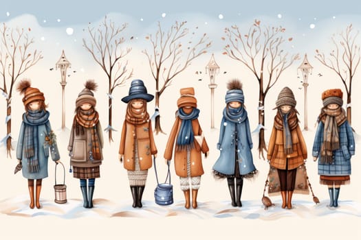 A chic portrayal of the winter season's fashion, highlighting stylish winter attire, including scarves, hats, and coats. This composition captures the elegance and coziness of winter wardrobe.