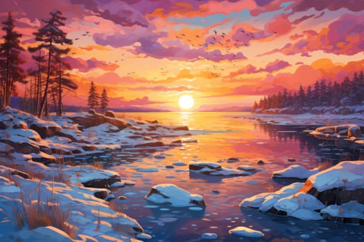 An exquisite visual representation of the winter skies, highlighting the unique color schemes and breathtaking beauty brought by the low-angled sun during winter sunrises and sunsets.