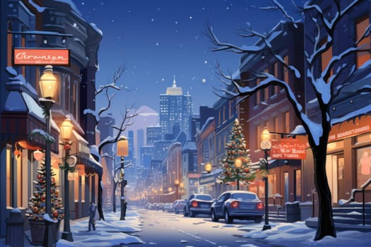 An evocative representation of urban life during winter, focusing on the enchanting vistas of city streets, buildings blanketed in snow, and the warm radiance of streetlights.