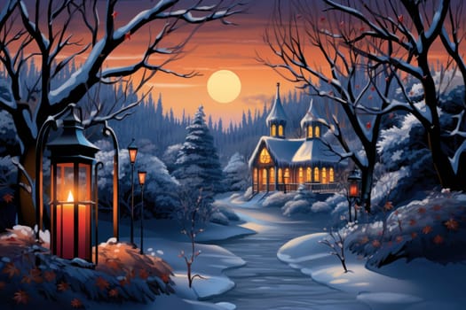 A captivating portrayal of the winter charm, focusing on the creation of cozy and welcoming visuals using the soft glow of candles or lanterns against the snowy backdrop.