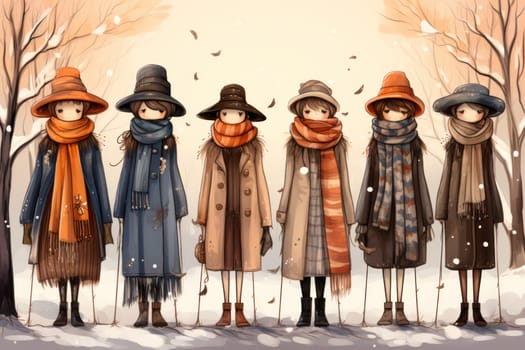 A chic portrayal of the winter season's fashion, highlighting stylish winter attire, including scarves, hats, and coats. This composition captures the elegance and coziness of winter wardrobe.