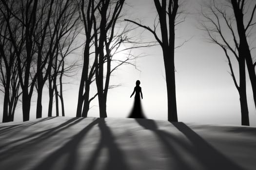 A striking visual display of the winter season, utilizing the extended shadows and sharp differences in lighting to craft captivating silhouettes against the snowy backdrop.