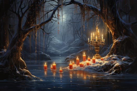 A captivating portrayal of the winter charm, focusing on the creation of cozy and welcoming visuals using the soft glow of candles or lanterns against the snowy backdrop.