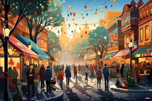 A vibrant depiction of the holiday spirit, capturing the lively ambiance of bustling markets and fairs adorned with festive decorations.