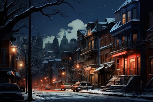 An evocative representation of urban life during winter, focusing on the enchanting vistas of city streets, buildings blanketed in snow, and the warm radiance of streetlights.